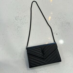 YSL monogram black on black large wallet on chain grained leather